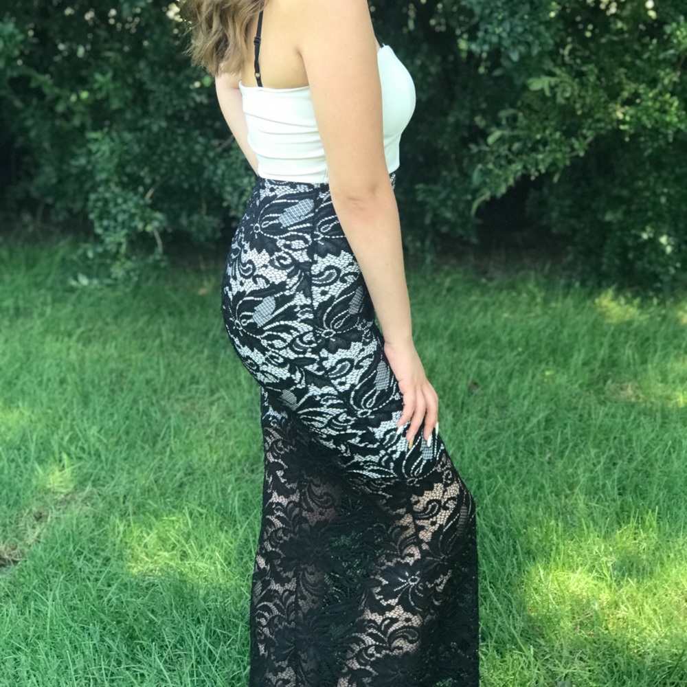 white long dress with black lace